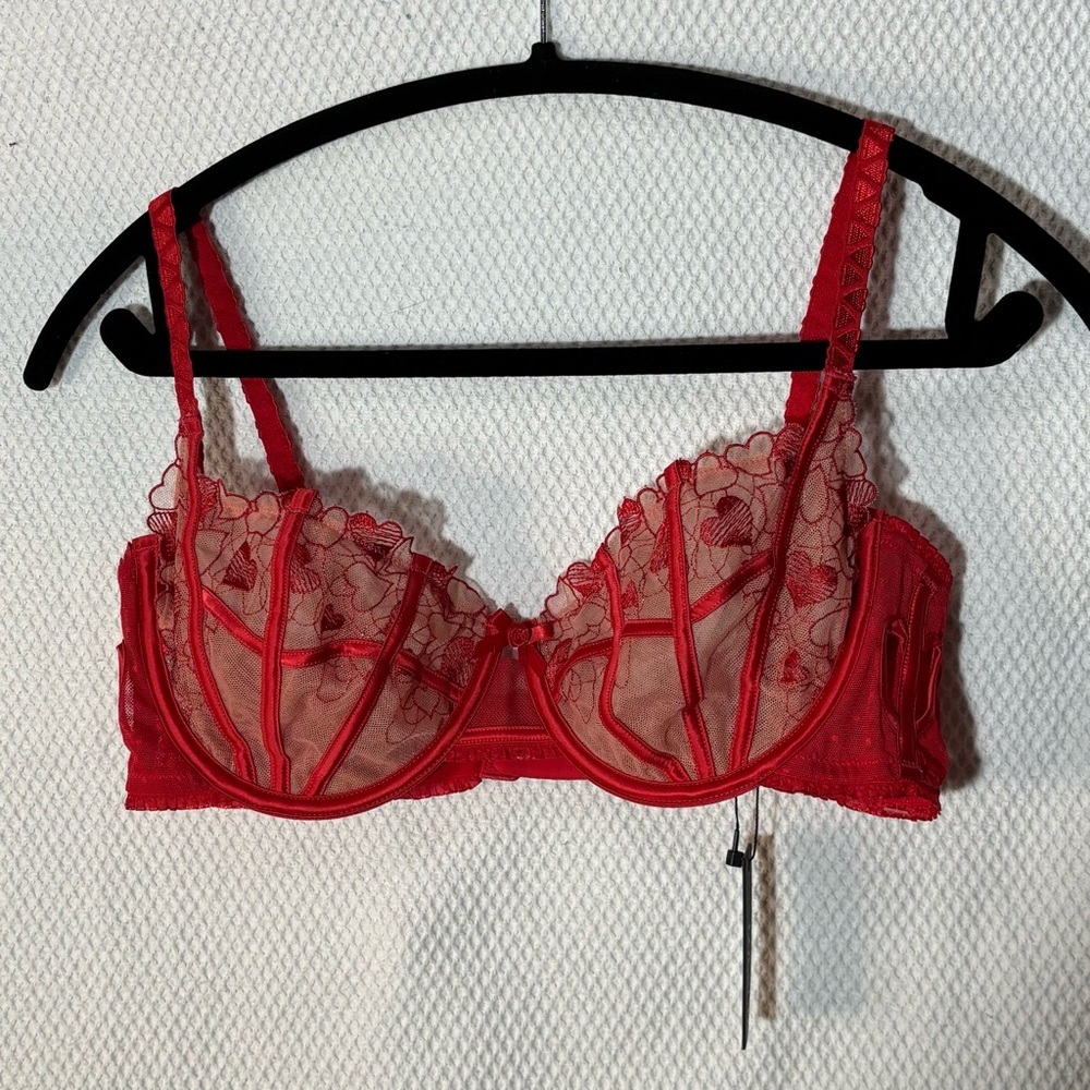 LOUNGE Sz 36D Red Lace Bra with Hearts Underwire Adjustable Straps & Back NEW